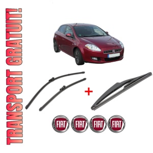 Set 3 stergatoare FIAT BRAVO II (198_) din 2006 - 2016, pentru parbriz si luneta fata si spate auto, Valeo Silencio, din cauciuc siliconat rezistent, 4 Stickere Auto FIAT
