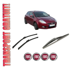 Set 3 stergatoare FIAT BRAVO II (198_) din 2006-2016, pentru parbriz si luneta fata si spate auto, Bosch Twin-Aerotwin, din cauciuc siliconat rezistent, 4 Stickere Auto FIAT