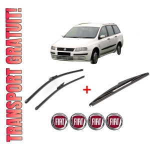 Set 3 stergatoare FIAT STILO Multi Wagon (192_) din 2003 - 2008, pentru parbriz si luneta fata si spate auto, Valeo Silencio, din cauciuc siliconat rezistent, 4 Stickere Auto FIAT