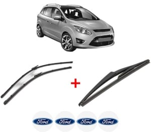 Set 3 stergatoare FORD C-MAX II (DXA/CB7, DXA/CEU) din 2010 - 2019, pentru parbriz si luneta fata si spate auto, Valeo Silencio, din cauciuc siliconat rezistent, 4 Stickere Auto FORD v14572