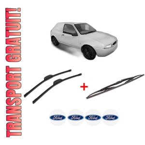 Set 3 stergatoare FORD FIESTA Hatchback Van (JV_) din 1998 - 2003, pentru parbriz si luneta fata si spate auto, Bosch Twin, din cauciuc siliconat rezistent, 4 Stickere Auto FORD