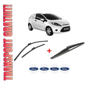 Set 3 stergatoare FORD FIESTA VI Van din 2008 - 2017, pentru parbriz si luneta fata si spate auto, Valeo Silencio, din cauciuc siliconat rezistent, 4 Stickere Auto FORD