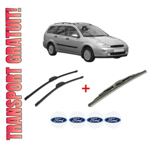 Set 3 stergatoare FORD FOCUS I Turnier (DNW) din 1999 - 2005, pentru parbriz si luneta fata si spate auto, Bosch Twin, din cauciuc siliconat rezistent, 4 Stickere Auto FORD