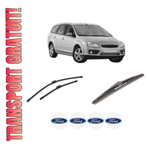 Set 3 stergatoare FORD FOCUS II Turnier (DA_, FFS, DS) din 2004-2012, pentru parbriz si luneta fata si spate auto, Bosch Twin-Aerotwin, din cauciuc siliconat rezistent, 4 Stickere Auto FORD