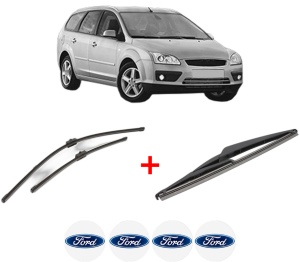 Set 3 stergatoare FORD FOCUS II Turnier (DA_, FFS, DS) din 2004 - 2012, pentru parbriz si luneta fata si spate auto, Valeo Silencio, din cauciuc siliconat rezistent, 4 Stickere Auto FORD v13732