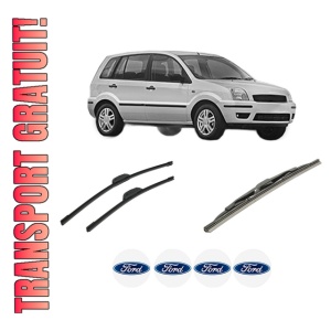 Set 3 stergatoare FORD FUSION (JU_) din 2002-2012, pentru parbriz si luneta fata si spate auto, Bosch Twin-Aerotwin Retrofit, din cauciuc siliconat rezistent, 4 Stickere Auto FORD