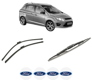 Set 3 stergatoare FORD GRAND C-MAX (DXA/CB7, DXA/CEU) din 2010-2019, pentru parbriz si luneta fata si spate auto, Bosch Twin-Aerotwin, din cauciuc siliconat rezistent, 4 Stickere Auto FORD - Img 2