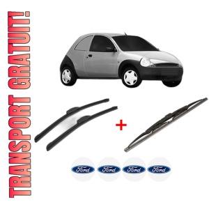 Set 3 stergatoare FORD KA Van (RB) din 2002 - 2005, pentru parbriz si luneta fata si spate auto, Bosch Twin, din cauciuc siliconat rezistent, 4 Stickere Auto FORD