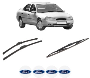 Set 3 stergatoare FORD MONDEO II Saloon (BFP) din 1996-2000, pentru parbriz si luneta fata si spate auto, Bosch Twin-Aerotwin Retrofit, din cauciuc siliconat rezistent, 4 Stickere Auto FORD - Img 2