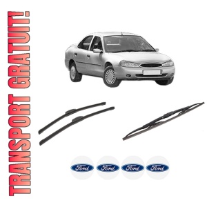 Set 3 stergatoare FORD MONDEO II Saloon (BFP) din 1996-2000, pentru parbriz si luneta fata si spate auto, Bosch Twin-Aerotwin Retrofit, din cauciuc siliconat rezistent, 4 Stickere Auto FORD