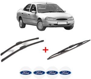 Set 3 stergatoare FORD MONDEO II Saloon (BFP) din 1996 - 2000, pentru parbriz si luneta fata si spate auto, Bosch Twin, din cauciuc siliconat rezistent, 4 Stickere Auto FORD v9473