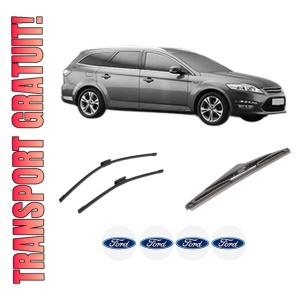 Set 3 stergatoare FORD MONDEO IV Van din 2007-2014, pentru parbriz si luneta fata si spate auto, Bosch Twin-Aerotwin Multi, din cauciuc siliconat rezistent, 4 Stickere Auto FORD