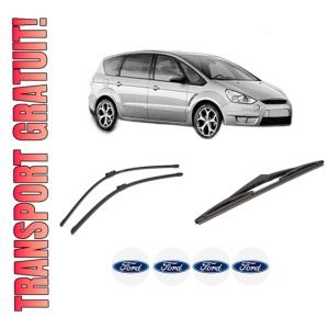 Set 3 stergatoare FORD S-MAX (WA6) din 2006-2014, pentru parbriz si luneta fata si spate auto, Bosch Twin-Aerotwin, din cauciuc siliconat rezistent, 4 Stickere Auto FORD