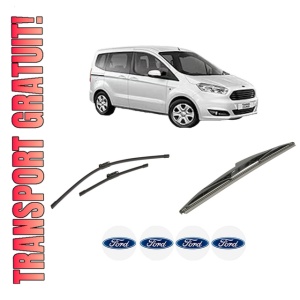 Set 3 stergatoare FORD TOURNEO COURIER B460 MPV din 2014-2023, pentru parbriz si luneta fata si spate auto, Bosch Twin-Aerotwin, din cauciuc siliconat rezistent, 4 Stickere Auto FORD