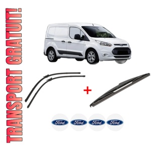 Set 3 stergatoare FORD TRANSIT CONNECT MPV din 2013, pentru parbriz si luneta fata si spate auto, Valeo Silencio, din cauciuc siliconat rezistent, 4 Stickere Auto FORD