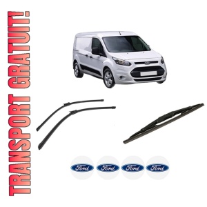 Set 3 stergatoare FORD TRANSIT CONNECT V408 Box Body/MPV din 2013-2021, pentru parbriz si luneta fata si spate auto, Bosch Twin-Aerotwin, din cauciuc siliconat rezistent, 4 Stickere Auto FORD