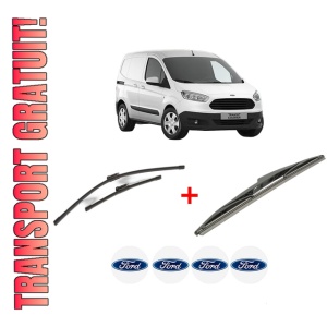 Set 3 stergatoare FORD TRANSIT COURIER B460 Box Body/MPV din 2014 - 2023, pentru parbriz si luneta fata si spate auto, Bosch Twin, din cauciuc siliconat rezistent, 4 Stickere Auto FORD