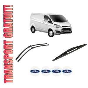Set 3 stergatoare FORD TRANSIT CUSTOM V362 Van (FY, FZ) din 2012-2023, pentru parbriz si luneta fata si spate auto, Bosch Twin-Aerotwin, din cauciuc siliconat rezistent, 4 Stickere Auto FORD