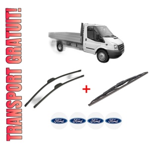 Set 3 stergatoare FORD TRANSIT Platform/Chassis (FM_ _, FN_ _, FF_ _) din 2006 - 2014, pentru parbriz si luneta fata si spate auto, Bosch Twin, din cauciuc siliconat rezistent, 4 Stickere Auto FORD