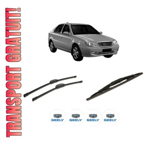 Set 3 stergatoare GEELY CK din 2005-2011, pentru parbriz si luneta fata si spate auto, Bosch Twin-Aerotwin Retrofit, din cauciuc siliconat rezistent, 4 Stickere Auto GEELY