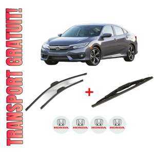 Set 3 stergatoare HONDA CIVIC X Hatchback (FC_, FK_) din 2017 - 2022, pentru parbriz si luneta fata si spate auto, Bosch Twin, din cauciuc siliconat rezistent, 4 Stickere Auto HONDA