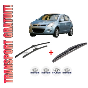 Set 3 stergatoare HYUNDAI i20 I (PB, PBT) din 2008 - 2015, pentru parbriz si luneta fata si spate auto, Bosch Twin, din cauciuc siliconat rezistent, 4 Stickere Auto HYUNDAI