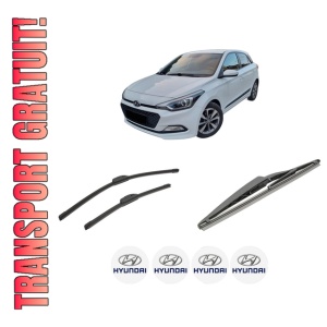 Set 3 stergatoare HYUNDAI i20 II (GB, IB) din 2014-2020, pentru parbriz si luneta fata si spate auto, Bosch Twin-Aerotwin Retrofit, din cauciuc siliconat rezistent, 4 Stickere Auto HYUNDAI