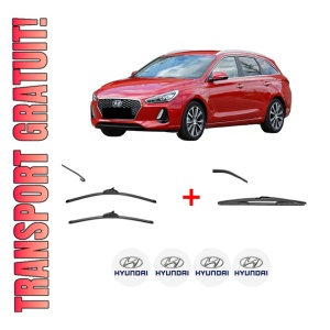 Set 3 stergatoare HYUNDAI i30 Estate (PDE) din 2017 - 2020, pentru parbriz si luneta fata si spate auto, Valeo Silencio, din cauciuc siliconat rezistent, 4 Stickere Auto HYUNDAI