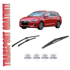 Set 3 stergatoare HYUNDAI i30 Estate (PDE) din 2017-2020, pentru parbriz si luneta fata si spate auto, Bosch Twin-Aerotwin Retrofit, din cauciuc siliconat rezistent, 4 Stickere Auto HYUNDAI