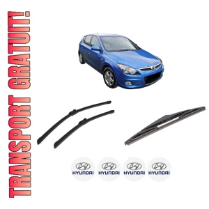 Set 3 stergatoare HYUNDAI i30 (FD) din 2007-2011, pentru parbriz si luneta fata si spate auto, Bosch Twin-Aerotwin, din cauciuc siliconat rezistent, 4 Stickere Auto HYUNDAI