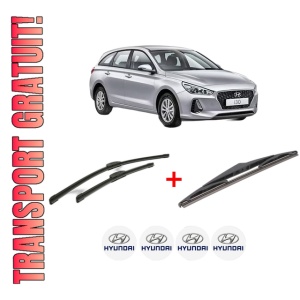 Set 3 stergatoare HYUNDAI i30 Kombi Van (PDE) din 2017 - 2020, pentru parbriz si luneta fata si spate auto, Bosch Twin, din cauciuc siliconat rezistent, 4 Stickere Auto HYUNDAI