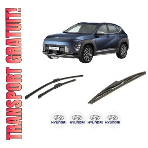 Set 3 stergatoare HYUNDAI KONA (SX2) din 2023-2024, pentru parbriz si luneta fata si spate auto, Bosch Twin-Aerotwin Retrofit, din cauciuc siliconat rezistent, 4 Stickere Auto HYUNDAI