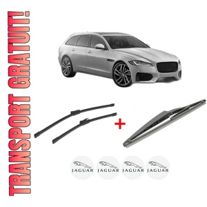Set 3 stergatoare JAGUAR XF SPORTBRAKE (X250) din 2012 - 2015, pentru parbriz si luneta fata si spate auto, Bosch Twin, din cauciuc siliconat rezistent, 4 Stickere Auto JAGUAR