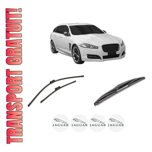 Set 3 stergatoare JAGUAR XF SPORTBRAKE (X260) din 2017-2020, pentru parbriz si luneta fata si spate auto, Bosch Twin-Aerotwin, din cauciuc siliconat rezistent, 4 Stickere Auto JAGUAR