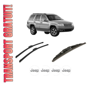 Set 3 stergatoare JEEP GRAND CHEROKEE II (WJ, WG) din 1998-2005, pentru parbriz si luneta fata si spate auto, Bosch Twin-Aerotwin Retrofit, din cauciuc siliconat rezistent, 4 Stickere Auto JEEP