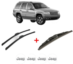 Set 3 stergatoare JEEP GRAND CHEROKEE II (WJ, WG) din 1998 - 2005, pentru parbriz si luneta fata si spate auto, Bosch Twin, din cauciuc siliconat rezistent, 4 Stickere Auto JEEP v3708