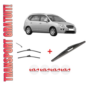 Set 3 stergatoare KIA CARENS III MPV (UN) din 2006 - 2013, pentru parbriz si luneta fata si spate auto, Valeo Silencio, din cauciuc siliconat rezistent, 4 Stickere Auto KIA
