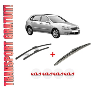 Set 3 stergatoare KIA CERATO I Hatchback (LD) din 2004 - 2008, pentru parbriz si luneta fata si spate auto, Bosch Twin, din cauciuc siliconat rezistent, 4 Stickere Auto KIA