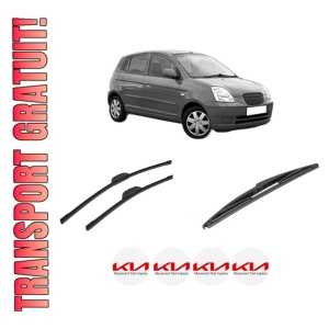 Set 3 stergatoare KIA PICANTO I (SA) din 2004-2011, pentru parbriz si luneta fata si spate auto, Bosch Twin-Aerotwin Retrofit, din cauciuc siliconat rezistent, 4 Stickere Auto KIA