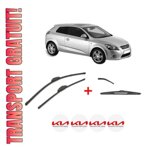 Set 3 stergatoare KIA PRO CEE'D (ED) din 2008 - 2013, pentru parbriz si luneta fata si spate auto, Valeo Silencio, din cauciuc siliconat rezistent, 4 Stickere Auto KIA