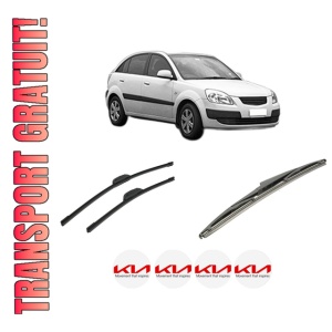 Set 3 stergatoare KIA RIO II (JB) din 2005-2011, pentru parbriz si luneta fata si spate auto, Bosch Twin-Aerotwin Retrofit, din cauciuc siliconat rezistent, 4 Stickere Auto KIA