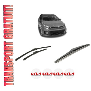 Set 3 stergatoare KIA RIO III Hatchback Van (UB) din 2011-2017, pentru parbriz si luneta fata si spate auto, Bosch Twin-Aerotwin Retrofit, din cauciuc siliconat rezistent, 4 Stickere Auto KIA