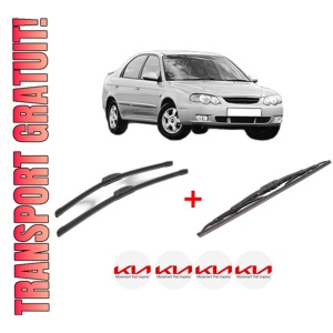 Set 3 stergatoare KIA SHUMA II (FB) din 2001 - 2004, pentru parbriz si luneta fata si spate auto, Bosch Twin, din cauciuc siliconat rezistent, 4 Stickere Auto KIA