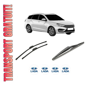 Set 3 stergatoare LADA VESTA SW Estate (GFK_) din 2023, pentru parbriz si luneta fata si spate auto, Bosch Twin-Aerotwin Retrofit, din cauciuc siliconat rezistent, 4 Stickere Auto LADA