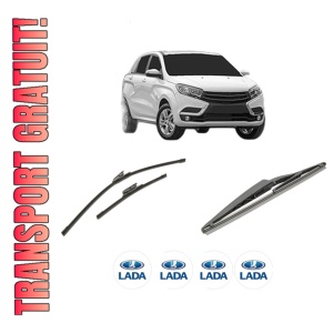 Set 3 stergatoare LADA XRAY (GAB_) din 2016-2021, pentru parbriz si luneta fata si spate auto, Bosch Twin-Aerotwin, din cauciuc siliconat rezistent, 4 Stickere Auto LADA