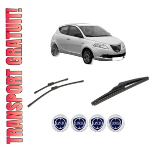 Set 3 stergatoare LANCIA YPSILON (312_) din 2011-2021, pentru parbriz si luneta fata si spate auto, Bosch Twin-Aerotwin, din cauciuc siliconat rezistent, 4 Stickere Auto LANCIA