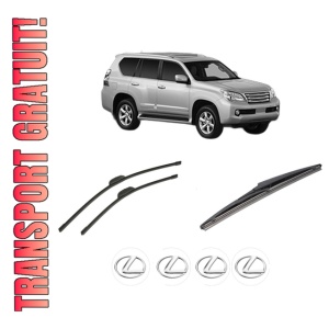 Set 3 stergatoare LEXUS GX (URJ15_, GRJ15_) din 2010, pentru parbriz si luneta fata si spate auto, Bosch Twin-Aerotwin Retrofit, din cauciuc siliconat rezistent, 4 Stickere Auto LEXUS