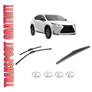 Set 3 stergatoare LEXUS NX (_Z1_) din 2014-2018, pentru parbriz si luneta fata si spate auto, Bosch Twin-Aerotwin, din cauciuc siliconat rezistent, 4 Stickere Auto LEXUS