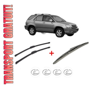 Set 3 stergatoare LEXUS RX (MCU15) din 1998 - 2003, pentru parbriz si luneta fata si spate auto, Bosch Twin, din cauciuc siliconat rezistent, 4 Stickere Auto LEXUS