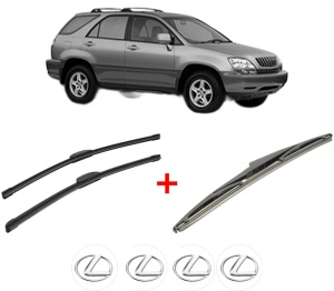 Set 3 stergatoare LEXUS RX (MCU15) din 1998 - 2003, pentru parbriz si luneta fata si spate auto, Bosch Twin, din cauciuc siliconat rezistent, 4 Stickere Auto LEXUS v5093